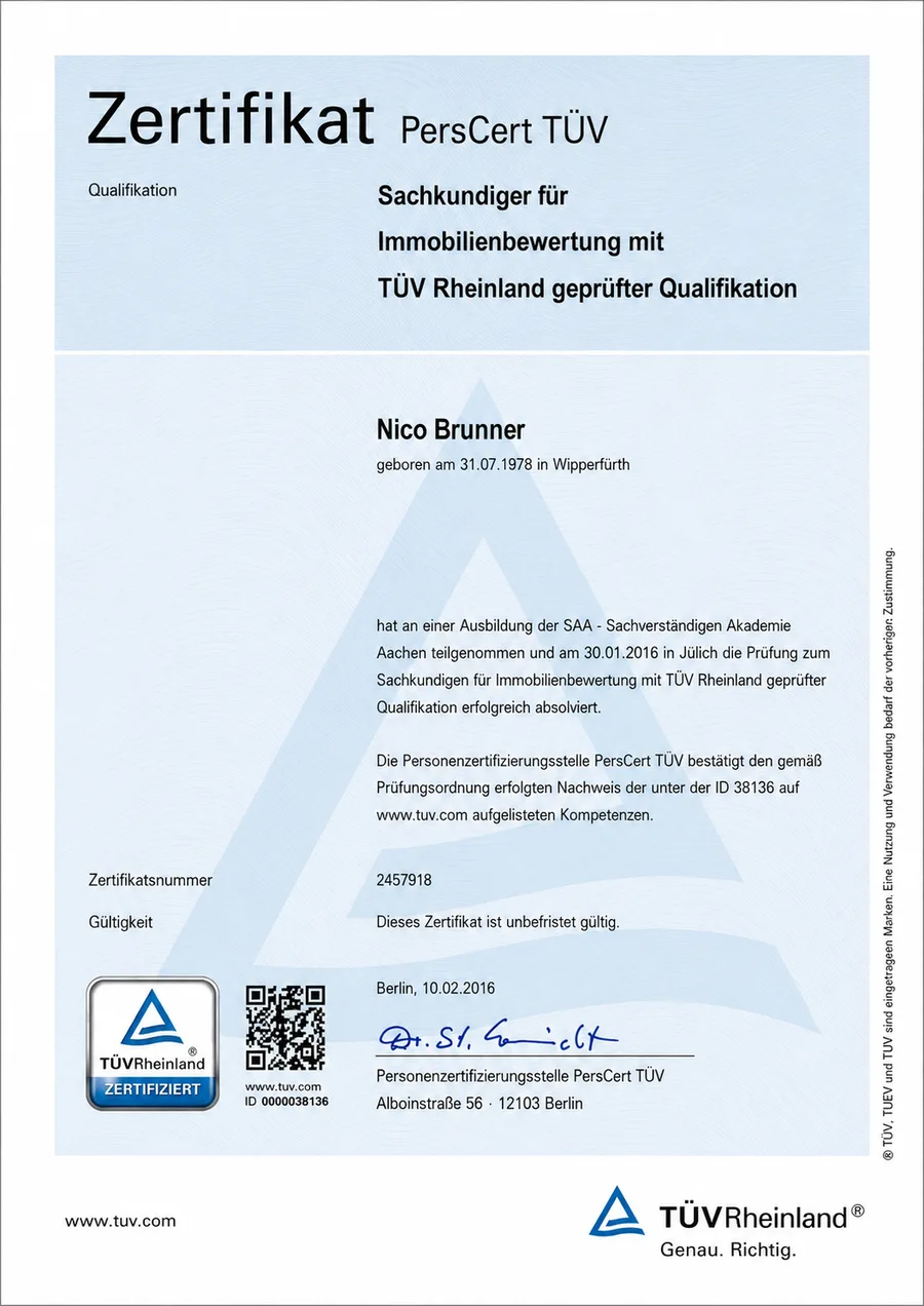 PersCert TÜV Zertifikat: unser Sachverständiger, Sachkundiger für Immobilienbewertung mit TÜV Rheinland geprüfter Qualifikation PersCert TÜV Zertifikat: unser Sachverständiger, Sachkundiger für Immobilienbewertung mit TÜV Rheinland geprüfter Qualifikation