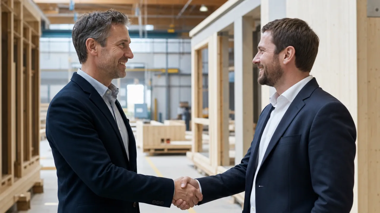 Kooperation zwischen Villenanbieter und Portal Kooperation im Villenbau: Geschäftspartner geben sich die Hand in einer modernen Werkshalle