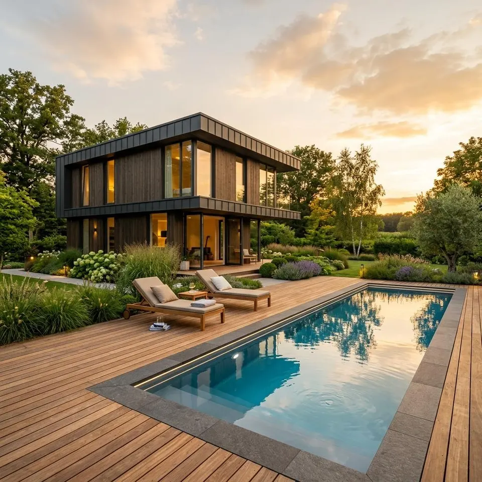 Moderne Villa mit Garten und Pool als Beispiel für offene Grundrisse