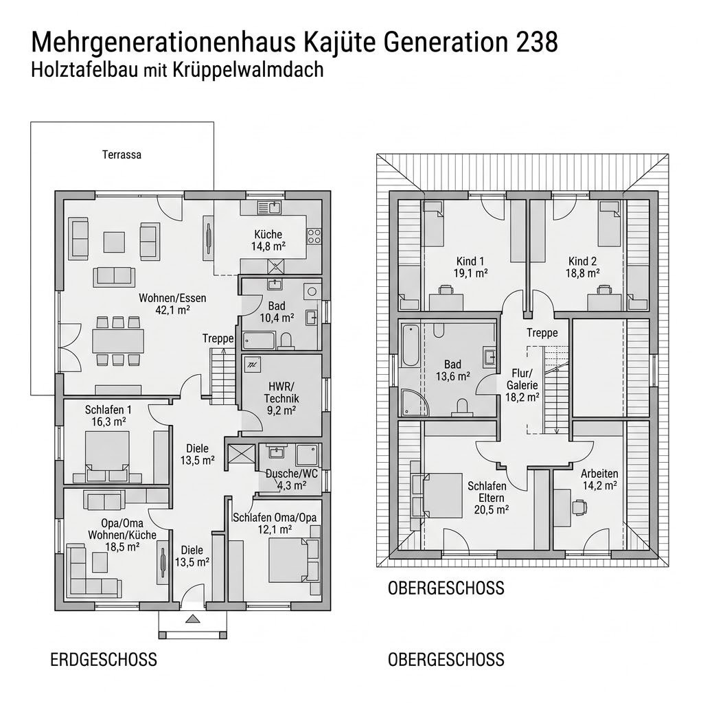 Grundriss Mehrgenerationenhaus Kajüte Generation 238 von Bärenhaus — 238 m², 8 Zimmer