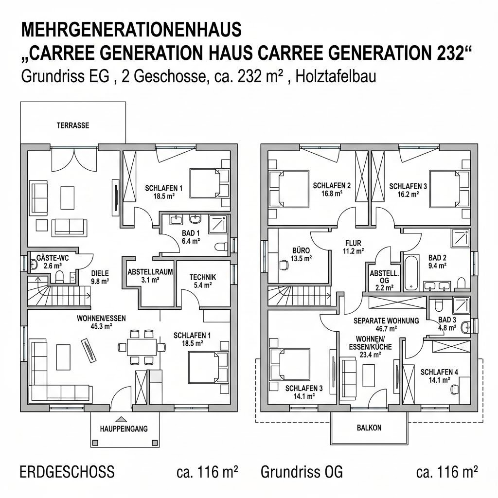 Grundriss Mehrgenerationenhaus Carree Generation 232 von Büdenbender Hausbau — 232 m², 8 Zimmer