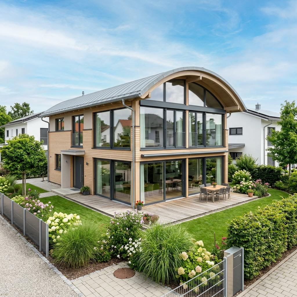 Glashaus Tonne 172 von Baufritz Einfamilienhaus Glashaus Tonne 172 von Baufritz mit Tonnendach — 172 m²