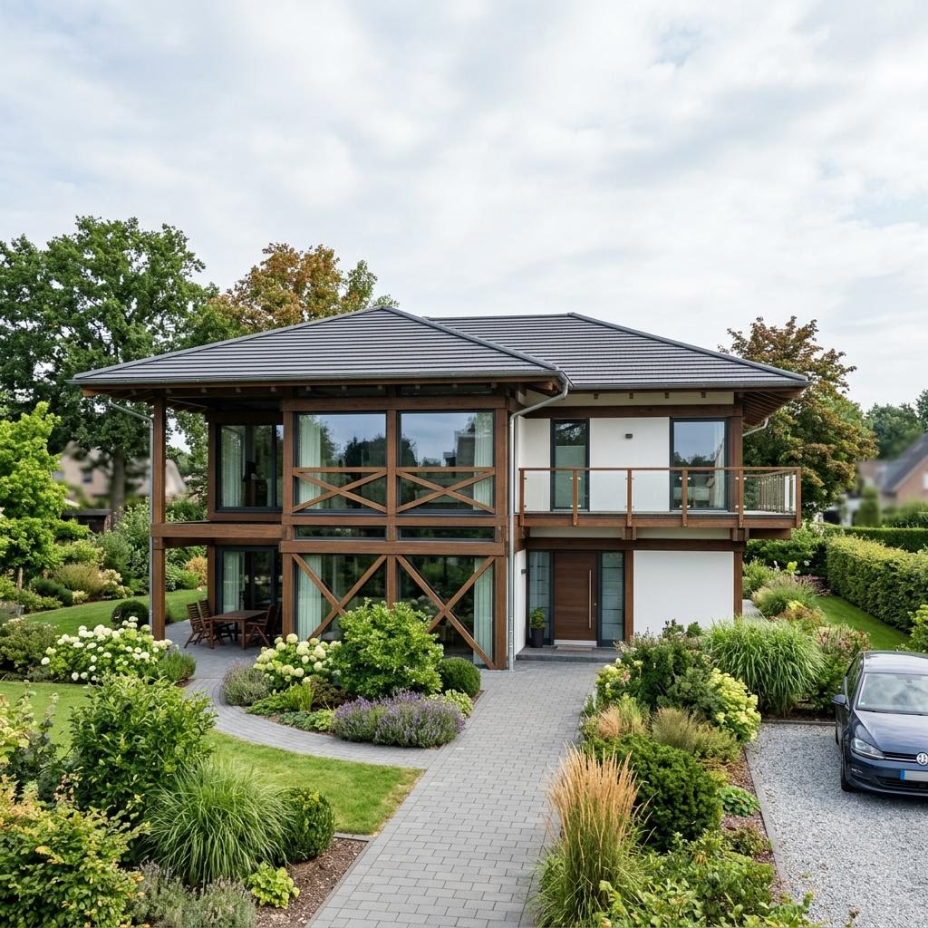 Stadtvilla Villa Sereno 165 von DAVINCI HAUS mit Fachwerk-Glas-Fassade und Walmdach