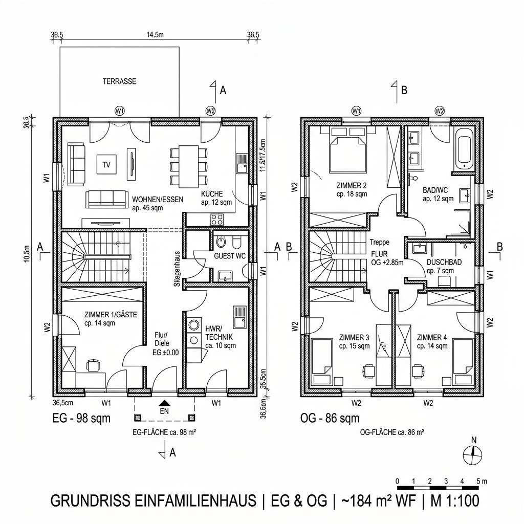 Grundriss Planungsbeispiel 184H30 von Bio-Solar-Haus — 184 m², 6 Zimmer