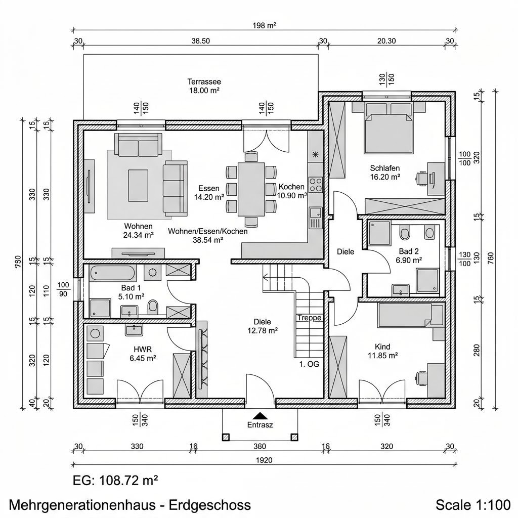 Grundriss Mehrgenerationenhaus Versato 198 von Fingerhut Haus — 198 m², 7 Zimmer