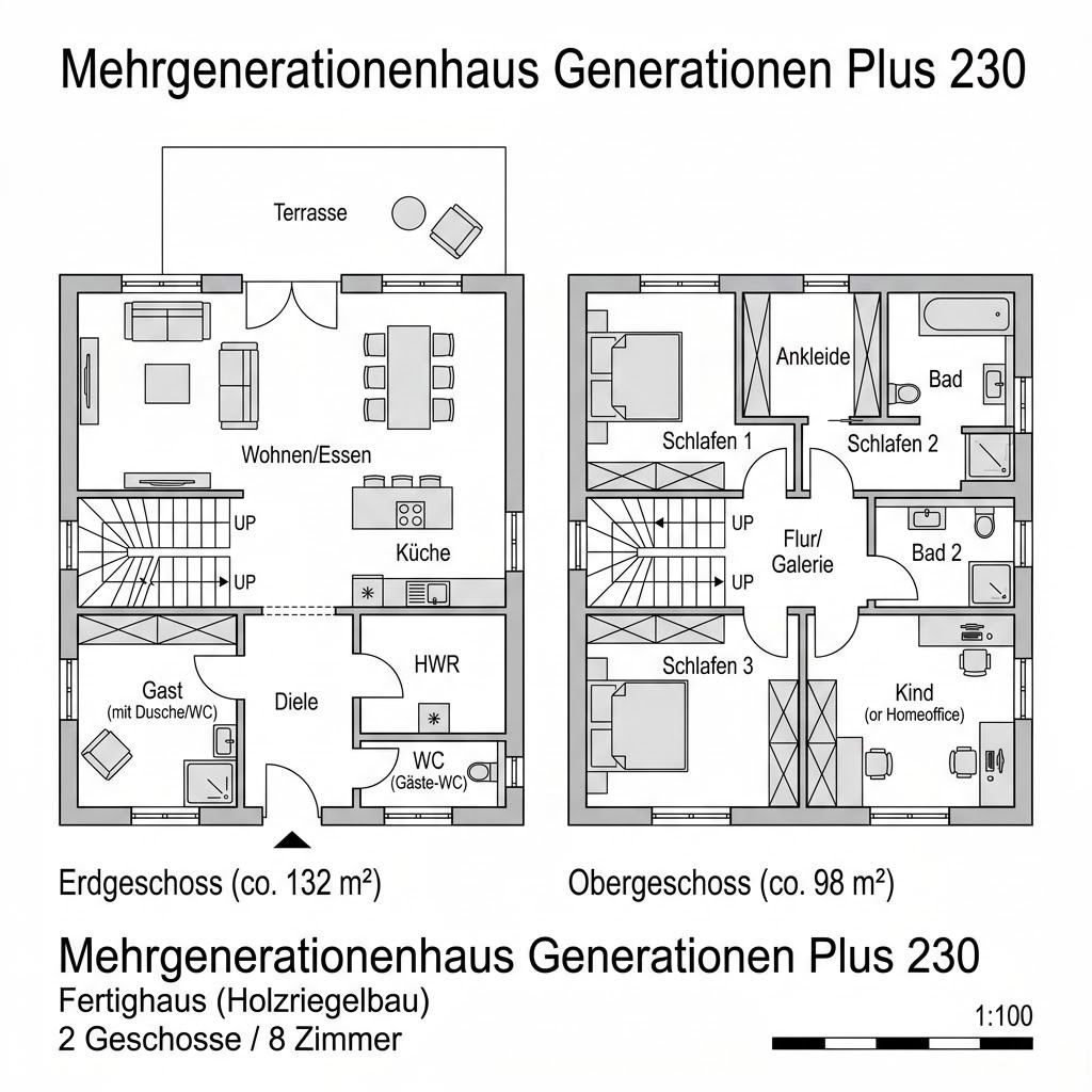Grundriss Mehrgenerationenhaus Generationen Plus 230 von Haas Fertigbau — 230 m², 8 Zimmer
