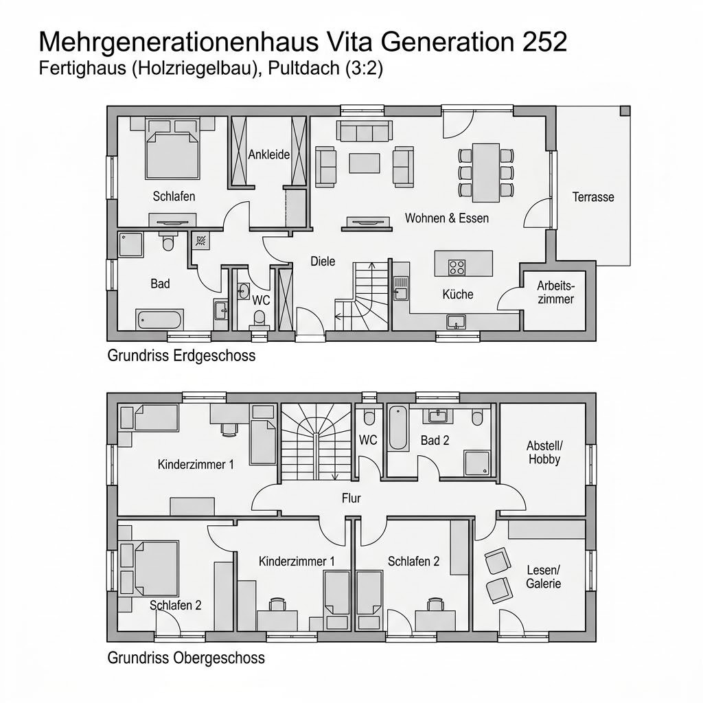 Grundriss Mehrgenerationenhaus Vita Generation 252 von Haas Fertigbau — 252 m², 9 Zimmer