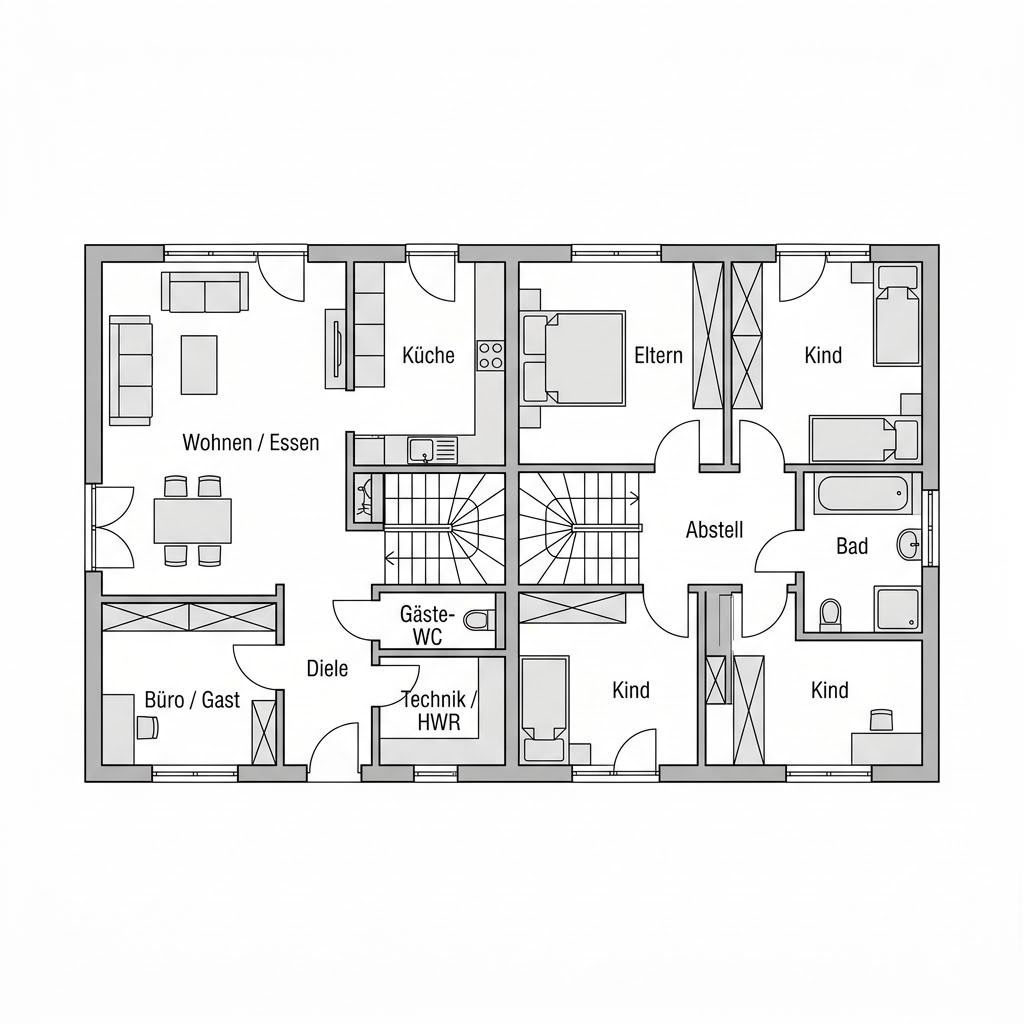 Grundriss Zweifamilienhaus Duplex Vita 222 von Haas Fertigbau — 222 m², 8 Zimmer