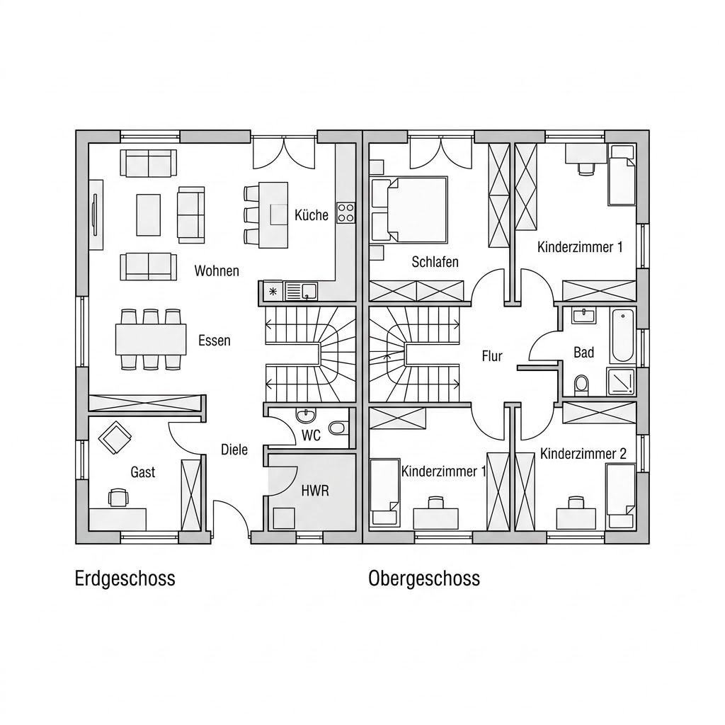 Grundriss Zweifamilienhaus Urban Doppel 218 von Hanse Haus — 218 m², 8 Zimmer