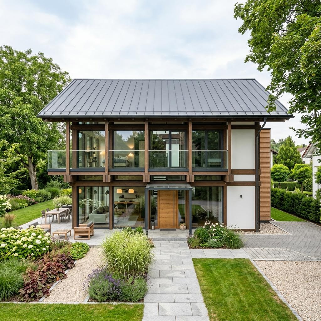Luxusvilla Signature One 210 von HUF HAUS mit Fachwerk-Glas-Architektur und Wohnhalle