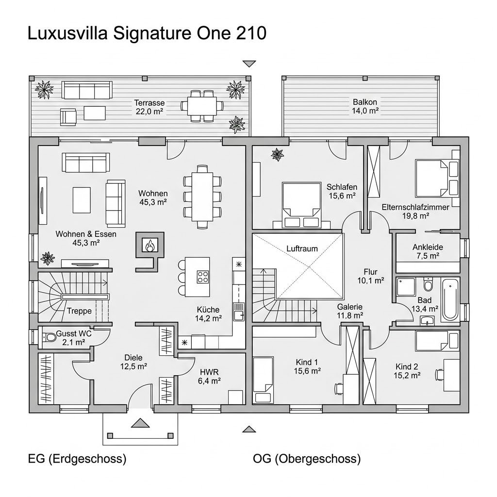 Grundriss Signature One 210 von HUF HAUS — 210 m², 6 Zimmer