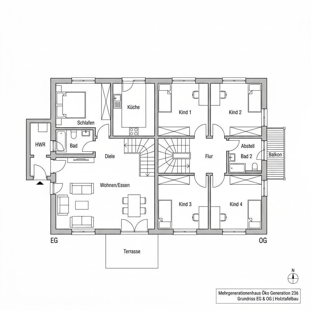 Grundriss Mehrgenerationenhaus Öko Generation 236 von KAMPA — 236 m², 8 Zimmer