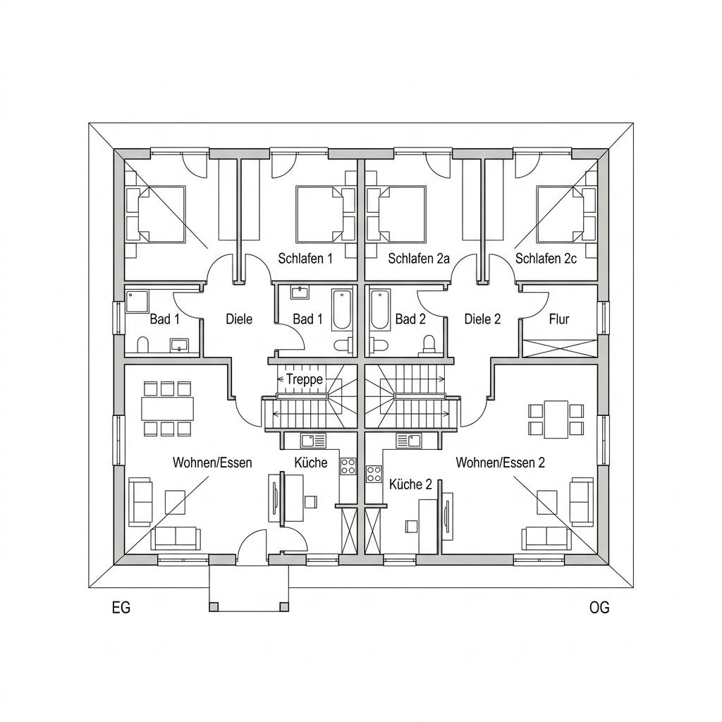 Grundriss Zweifamilienhaus Generationen 215 von KAMPA — 215 m², 8 Zimmer