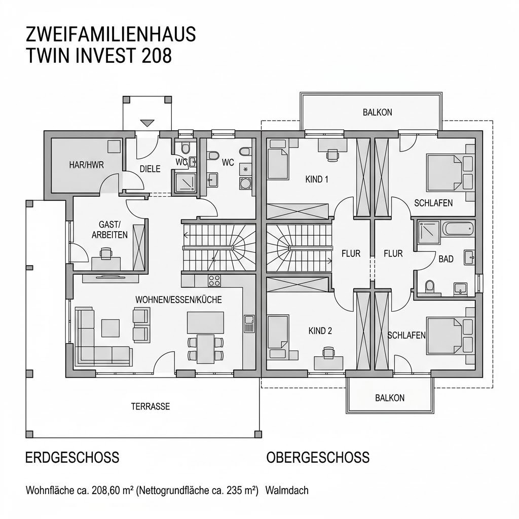 Grundriss Zweifamilienhaus Twin Invest 208 von Keitel-Haus — 208 m², 8 Zimmer