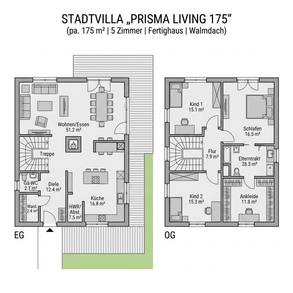 Grundriss Prisma Living 175 von LUXHAUS — 175 m², 5 Zimmer