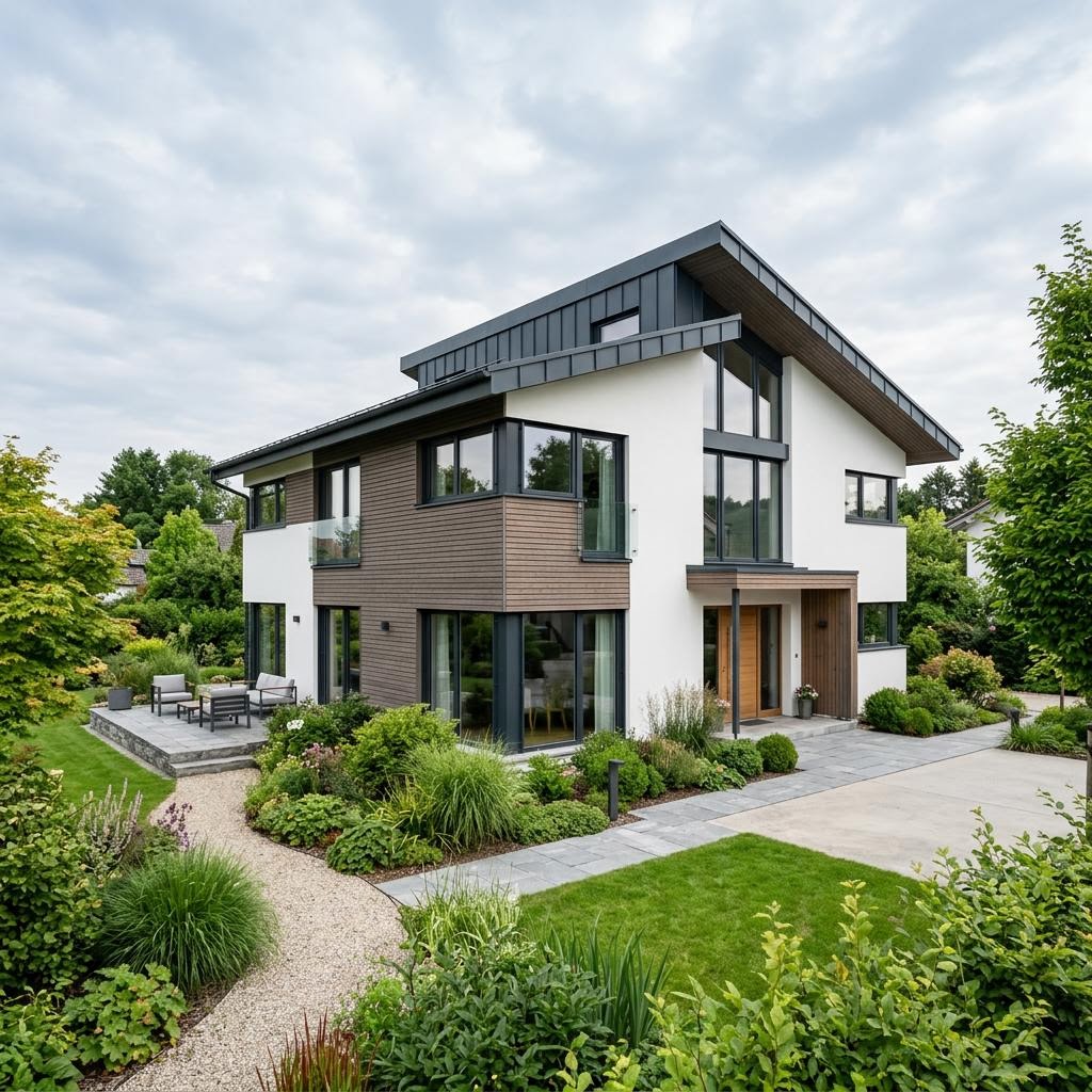Versatz Pult 198 von LUXHAUS Pultdachhaus Versatz Pult 198 von LUXHAUS mit versetztem Pultdach und Lichtband