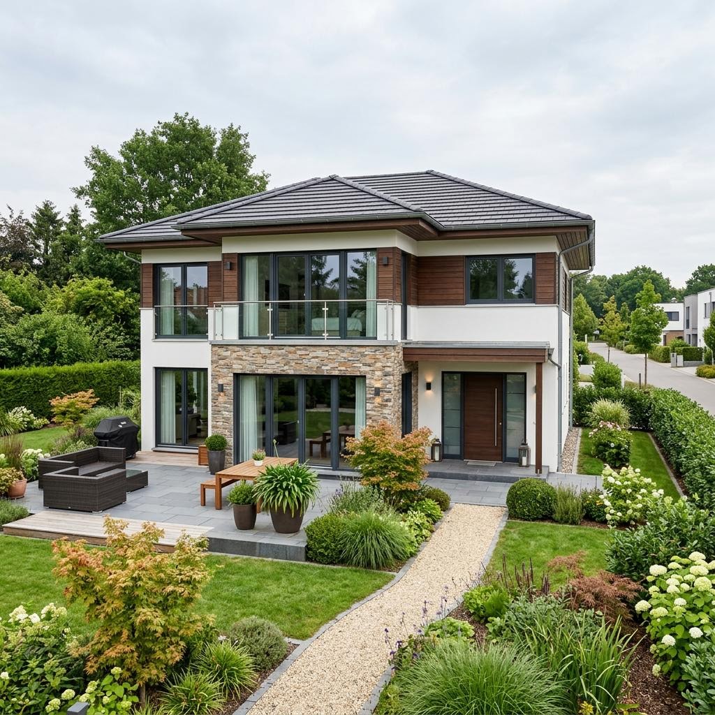 Luxusvilla Villa Nobile 202 von Meisterstück-HAUS mit Walmdach und Säulenportal