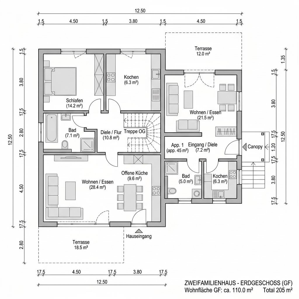 Grundriss Zweifamilienhaus Duplex 205 von P & P Massivhaus — 205 m², 7 Zimmer