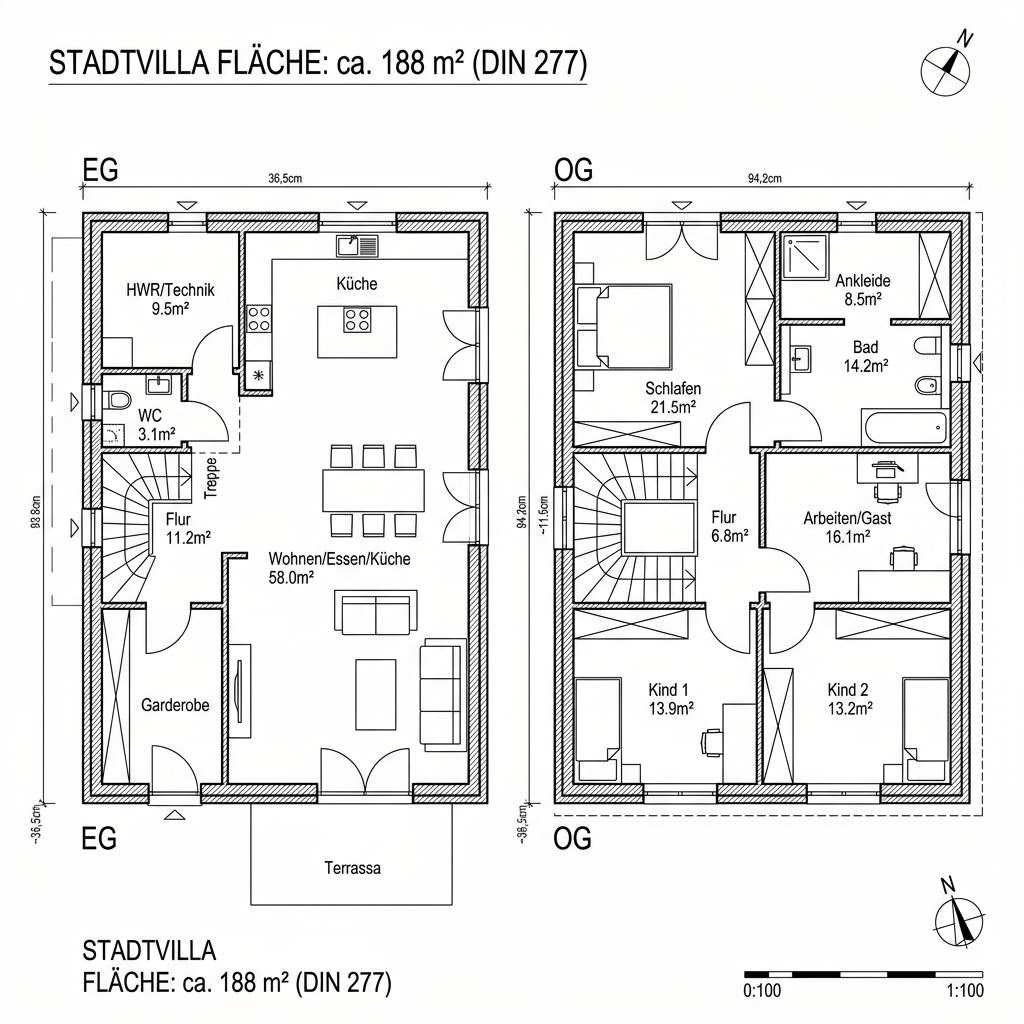 Grundriss Stadtvilla 188 von Team Massivhaus — 188 m², 6 Zimmer