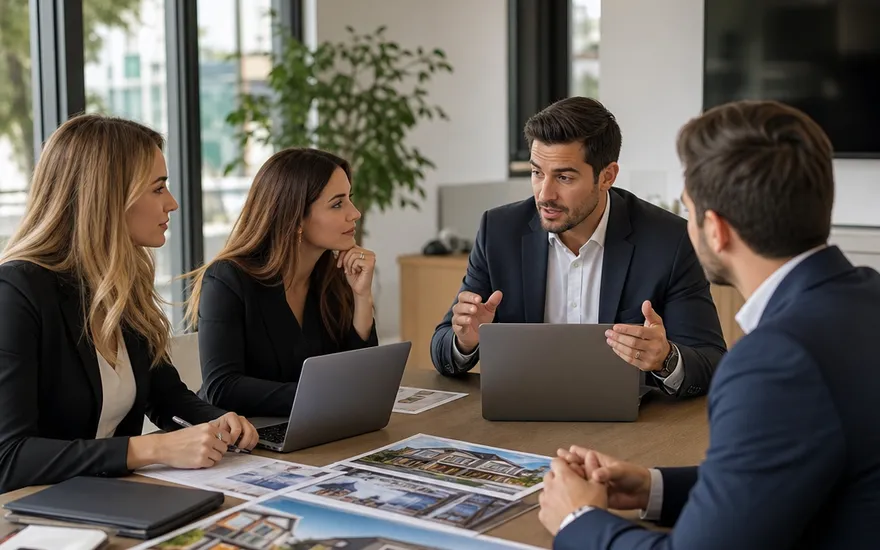 Maklerteam in der Villenvermittlung bespricht die Strategie mit Laptops und Projektunterlagen im Büro