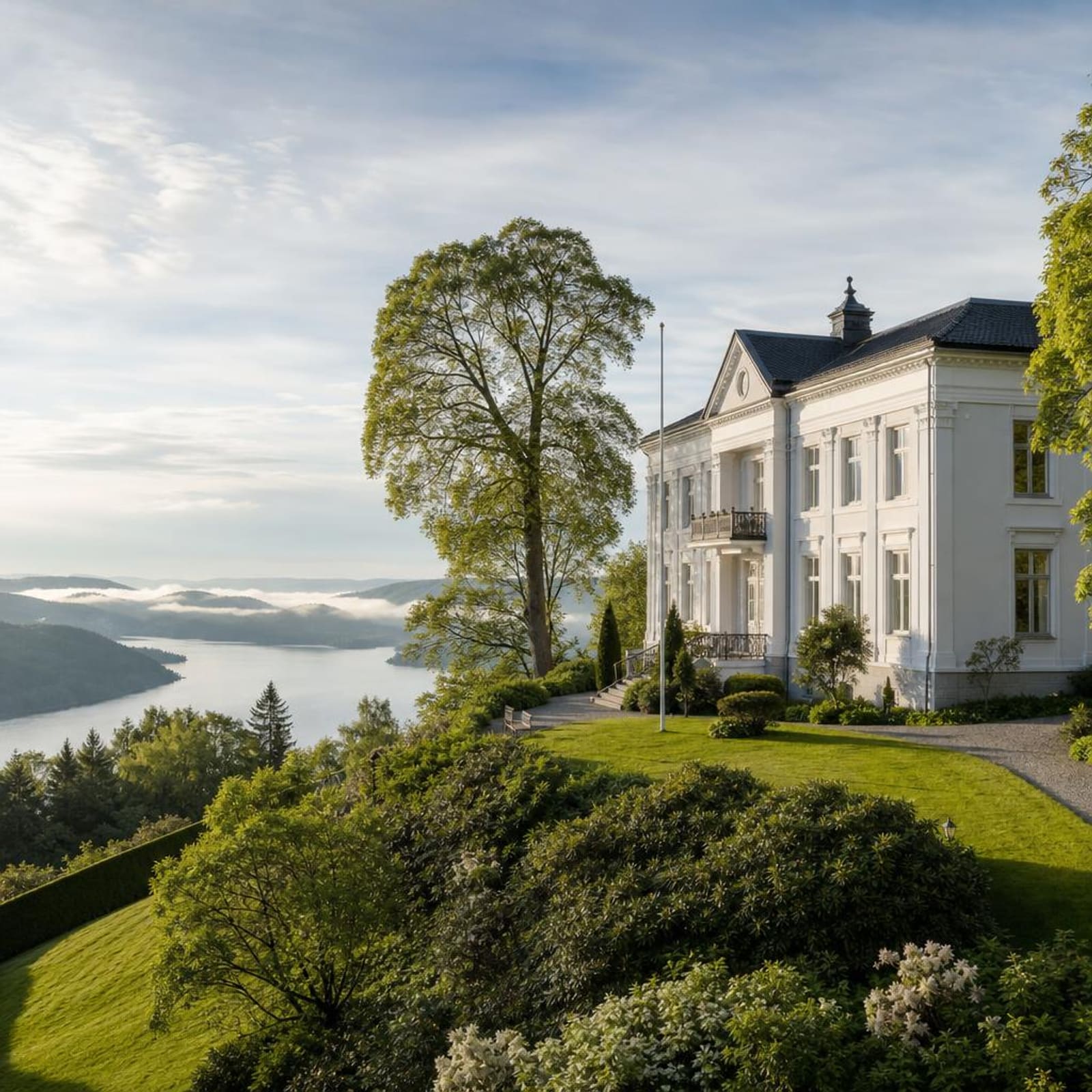 Symbolbild: klassische Villa in Hanglage über einem Flusstal