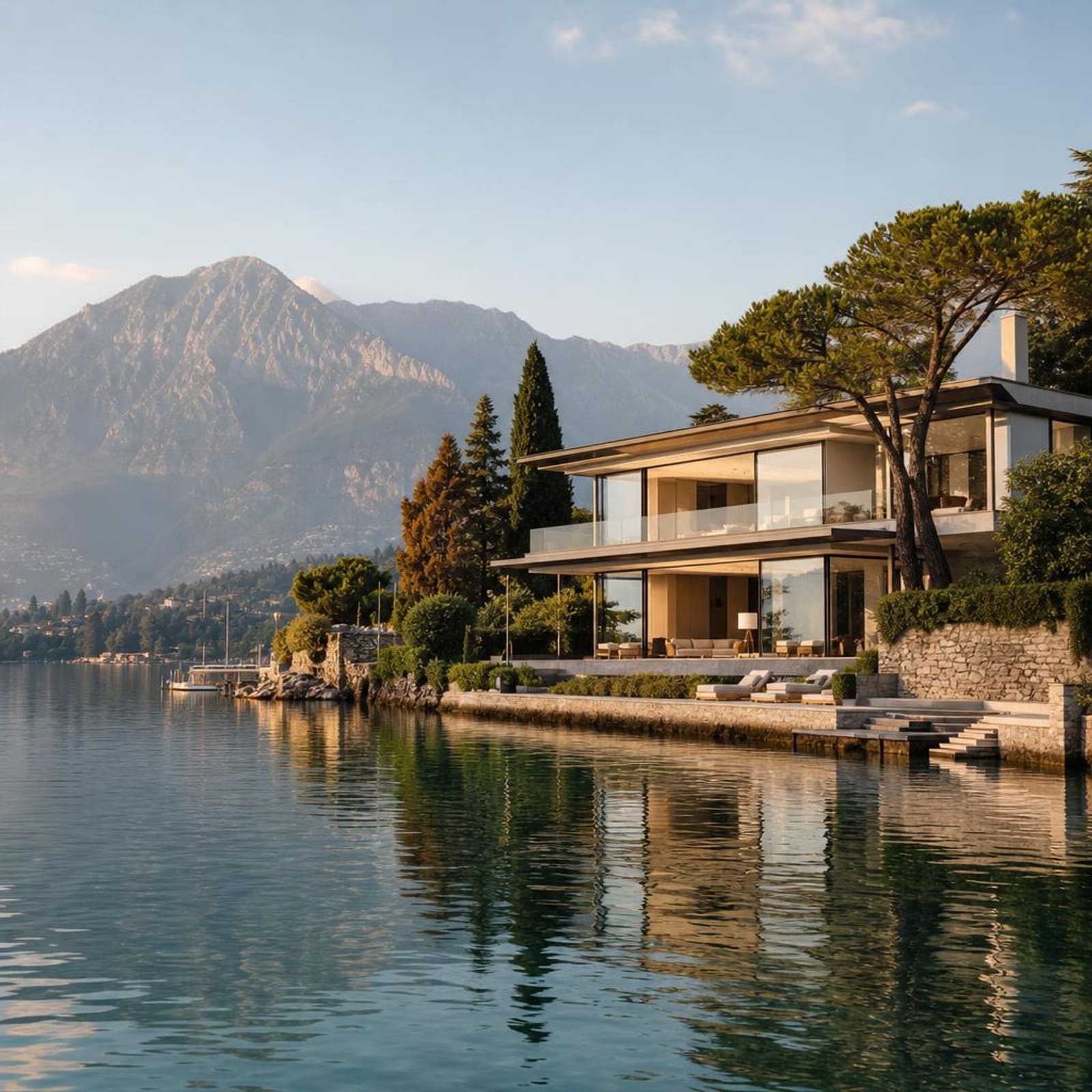 Symbolbild: moderne Villa in Seelage mit Bergkulisse
