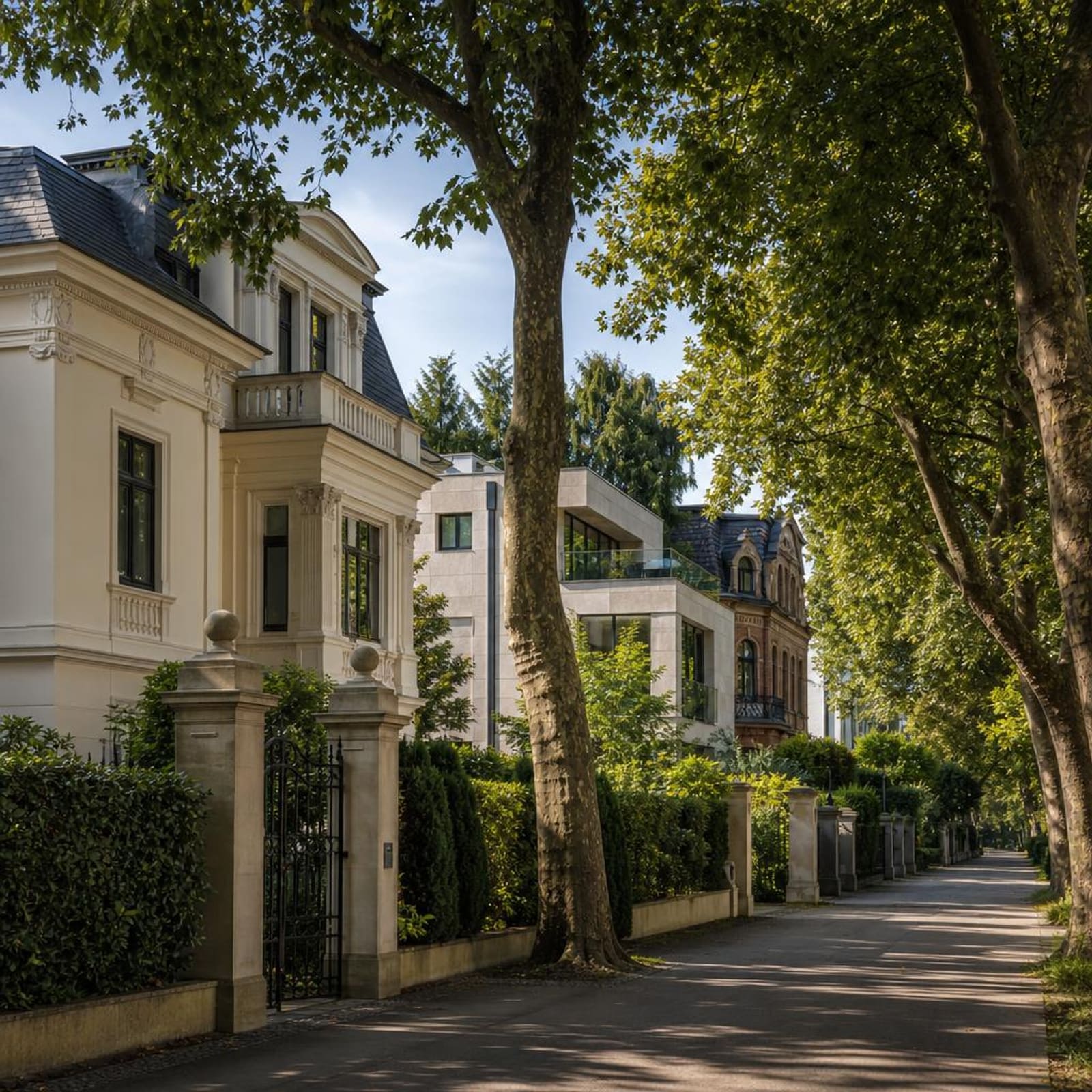 Symbolbild: baumbestandene Allee in einem städtischen Villenviertel