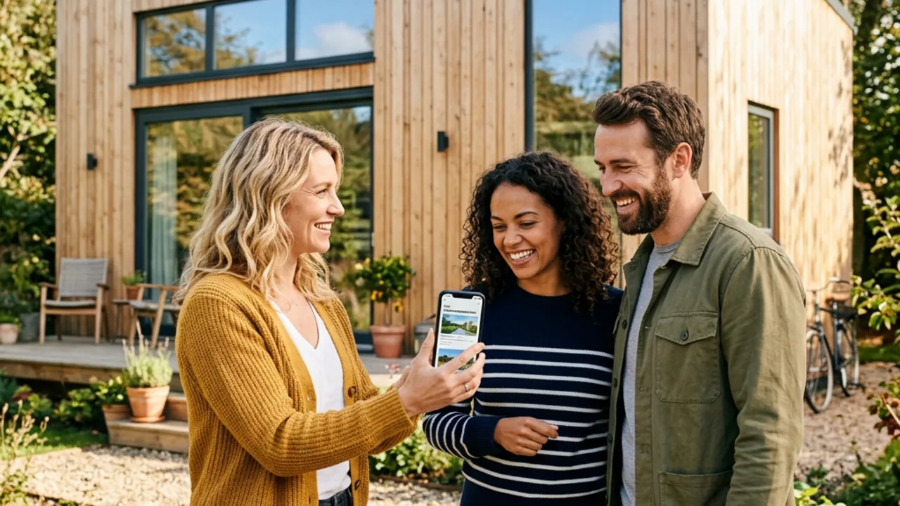 Tippgeberin empfiehlt einem Paar per Smartphone das Villen-Portal – Tippgeber-Provision durch persönliche Empfehlung verdienen